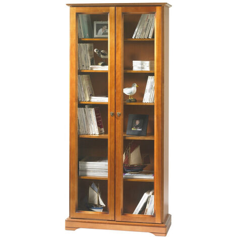 Beaux Meubles Pas Chers – Vitrine bibliothèque 2 portes vitrées en merisier – 5 étagères réglables – 6 niches – L 82.4 cm H 182.2 cm P 33 cm – Élégance intemporelle (1/5)