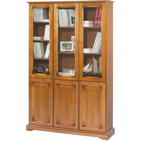 Beaux Meubles Pas Chers – Bibliothèque 3 portes vitrées en merisier – 10 étagères dont 8 réglables – Dimensions 120.6 x 33 x 182.2 cm – Style Louis Philippe (1/5)