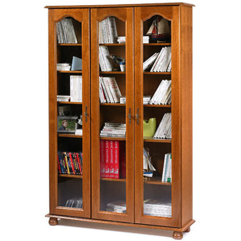 Beaux Meubles Pas Chers – Bibliothèque en chêne massif 3 portes vitrées – 12 niches – Dimensions L 120.6 H 182.2 P 33 cm – Pour rangement livres et objets décoratifs (1/6)