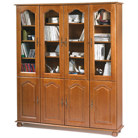 Beaux Meubles Pas Chers – Bibliothèque en chêne massif 8 portes – 18 niches et 15 étagères – Dimensions L 158.8 x H 182.2 x P 33 cm – Quincaillerie métal doré (1/6)