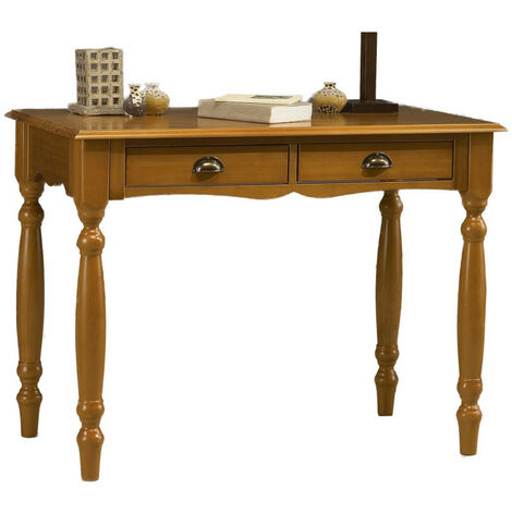Beaux Meubles Pas Chers – Table à écrire 2 tiroirs en pin massif miel – Largeur 100 cm, hauteur 74.3 cm, profondeur 56.4 cm – Poignées en métal et bois (1/7)