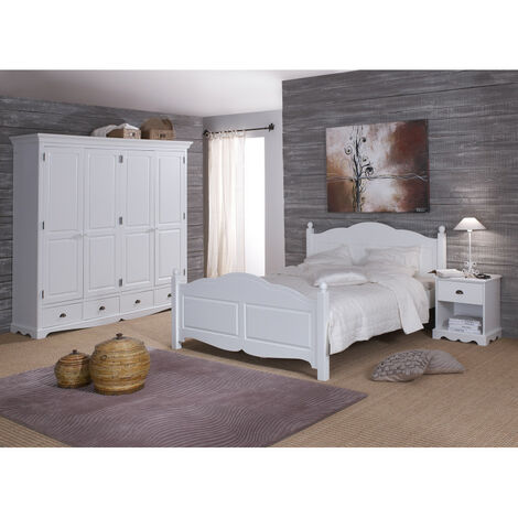 Beaux Meubles Pas Chers – Chambre complète blanche avec lit 140x190 cm – Armoire 4 portes L. 212 cm – Chevet avec tiroir – Fabrication éco-responsable