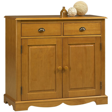 Beaux Meubles Pas Chers – Buffet pin massif miel 2 portes 2 tiroirs 2 niches – Dimensions L 101 H 90 P 42 cm – Style anglais pour intérieur contemporain (1/5)