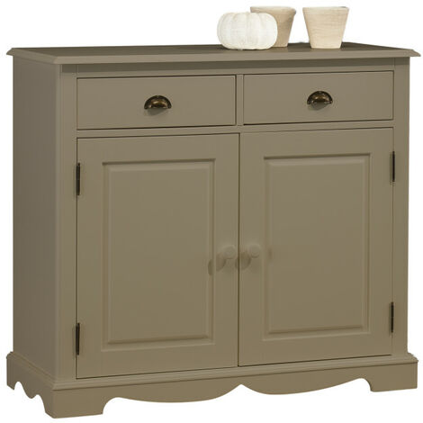 Beaux Meubles Pas Chers – Buffet 2 portes 2 tiroirs gris taupe – Style anglais – Largeur 101 cm, hauteur 90 cm, profondeur 42 cm – Bois massif et MDF (1/5)