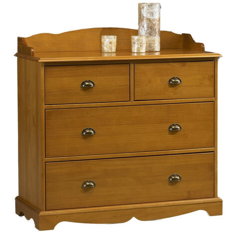 Beaux Meubles Pas Chers – Commode 4 tiroirs en pin massif miel – Style anglais – Dimensions L 96 x H 91.6 x P 42 cm – Tiroirs sur glissières métalliques (1/5)