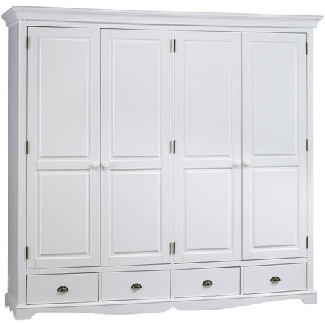 Beaux Meubles Pas Chers – Armoire penderie blanche 4 portes 4 tiroirs 4 étagères L 212 H 195 P 54 cm – Structure en MDF et pin massif – Montage facile à réaliser (1/5)