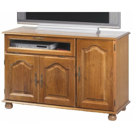 Beaux Meubles Pas Chers – Meuble TV chêne rustique 3 portes – Abattant vitré – 6 niches – Dimensions L120.6 H77 P46.5 cm – Fabriqué en France (1/4)