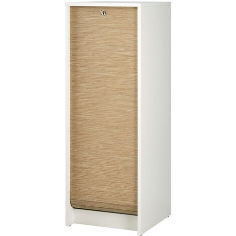 Beaux Meubles Pas Chers – Classeur à rideau blanc et chêne H103 cm – Panneaux de particules mélaminés – Rideau MDF avec fermeture à clé – 4 étagères réglables (1/4)