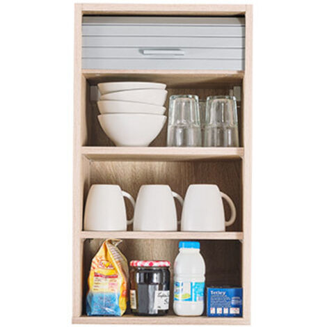 Beaux Meubles Pas Chers – Meuble haut de cuisine avec rideau en aluminium – Dimensions 40x35x72 cm – Chêne et gris – Éco-conçu et fabriqué en France