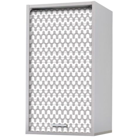 Beaux Meubles Pas Chers – Meuble haut de cuisine alu 40x72 cm – Rideau imprimé vagues grises – 2 tablettes réglables – Fixation murale incluse (1/4)