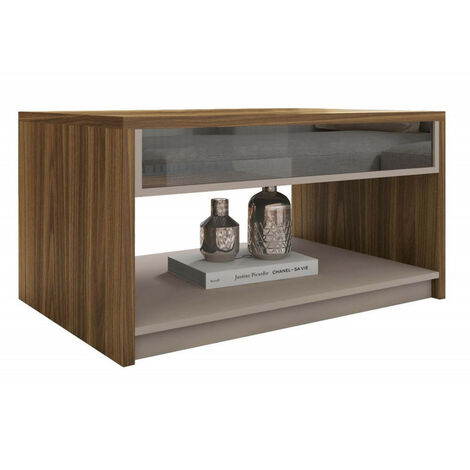 Table Basse Rectangle 90 cm Vitrée Chêne et Taupe L 90.2 H 47.5 P 60 cm (1/3)
