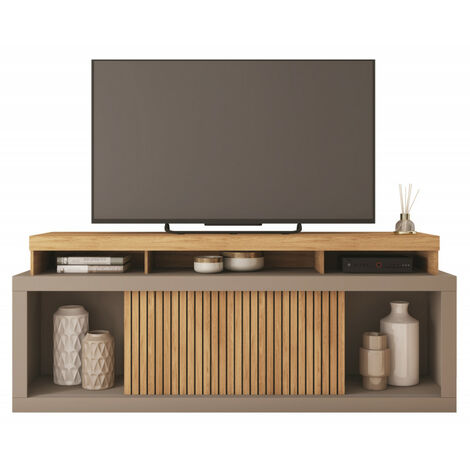 Beaux Meubles Pas Chers – Meuble TV 180 cm pour téléviseurs jusqu'à 70 pouces – 2 portes coulissantes – Imitation chêne et gris – Arrière percé pour câbles