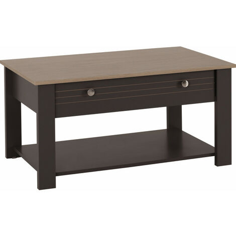 Beaux Meubles Pas Chers – Table basse rectangulaire chêne et gris – 1 tiroir et niche – Dimensions L 103 x H 85 x P 59.5 cm – Bois certifié FSC (1/5)