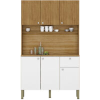 Beaux Meubles Pas Chers – Buffet de cuisine 6 portes 1 tiroir imitation bois exotique et blanc – 7 niches – L 111 cm H 185 cm P 39.3 cm – Bois certifié FSC