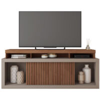 Beaux Meubles Pas Chers – Meuble TV 180 cm pour TV 70 pouces – Imitation wengé et gris – 2 portes coulissantes – 3 niches sous plateau – Bois certifié FSC
