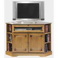 Beaux Meubles Pas Chers – Meuble TV d'angle 2 portes plaqué merisier – Largeur 114 cm – Hauteur 77 cm – Profondeur 77 cm – 1 abattant vitré