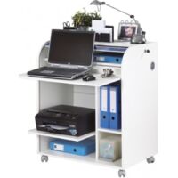 Beaux Meubles Pas Chers – Bureau droit blanc à roulettes 5 niches L 79.2 H 93.8 P 53.2 cm – Panneaux mélaminés E0.5 – Rideau avec serrure – Éco-conçu