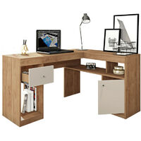 Beaux Meubles Pas Chers – Bureau d'angle chêne et blanc – Caisson avec tiroir en métal – Dimensions L 137.2 x H 75.5 x P 111.6 cm – Bois certifié FSC