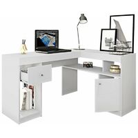 Beaux Meubles Pas Chers – Bureau d'angle blanc avec caisson et rangements – Bois certifié FSC – Dimensions L 137.2 cm H 75.5 cm P 111.6 cm – Finition laquée