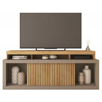 Beaux Meubles Pas Chers – Meuble TV 180 cm pour TV 70 pouces – 2 portes coulissantes – Finition imitation chêne et gris – 3 niches pour rangement