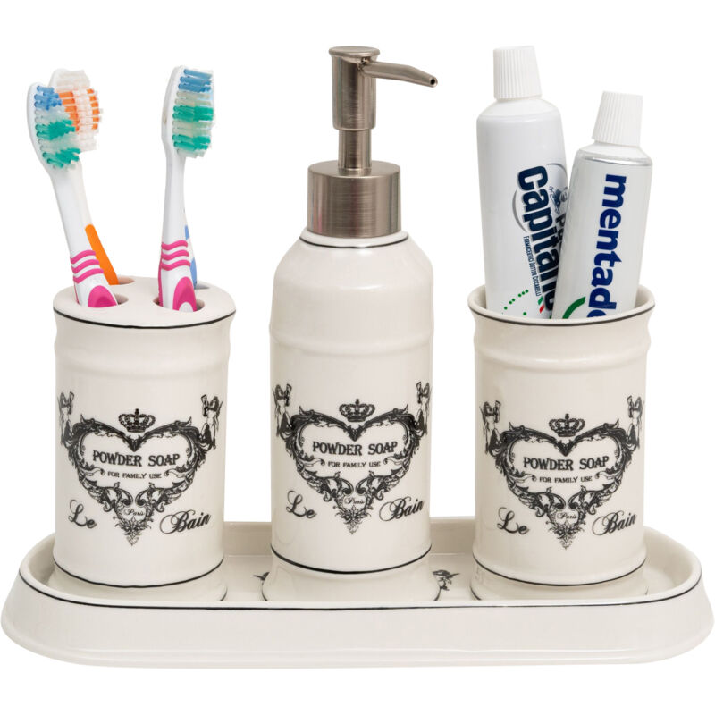 Lot De 4 Accessoires Salle De Bain En Céramique Gris - Distributeur Savon, Porte-savon, 2 Porte-brosses à Dents - Style Moderne Et Facile à Nettoyer