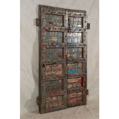 Ancienne Porte En Bois Massif Faite Main, Style Rajesthani, Inde, Début XXe