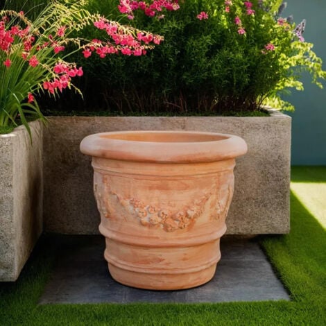 Vase rond en terre cuite 50X44 cm Jardinière d'extérieur résistante au gel Made in Italy Pot de fleur rond Vase  de balcon