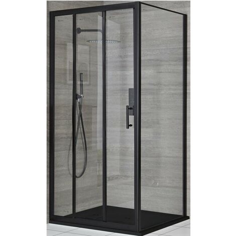Hudson Reed Nox - Douche Italienne d’Angle avec Porte Coulissante Triple Volet et Receveur de Douche Effet Texturé Gris Graphite 80cm x 80cm - Noir (1/5)
