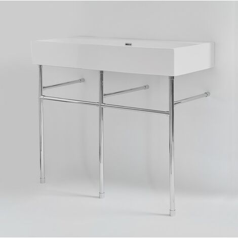 Hudson Reed – Lavabo sur colonne 100 cm x 42 cm – Céramique blanche émaillée – Pieds en acier inoxydable chromé – Pré-percé pour robinetterie monotrou