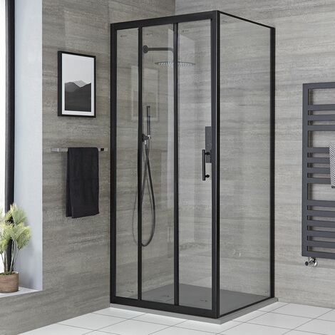 Hudson Reed Nox - Douche Italienne d’Angle avec Porte Coulissante Triple Volet et Receveur de Douche Effet Texturé Gris Clair 80cm x 80cm - Noir (1/5)