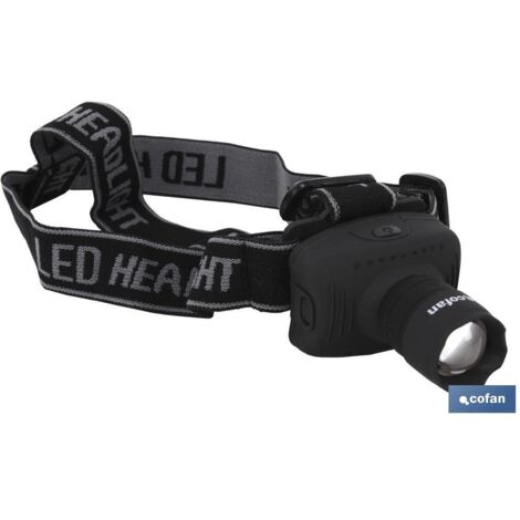 COFAN linterna led de cabeza zoom 3 funciones , Linterna led de cabeza zoom 3W 120 lúmenes, Distancia 80m.