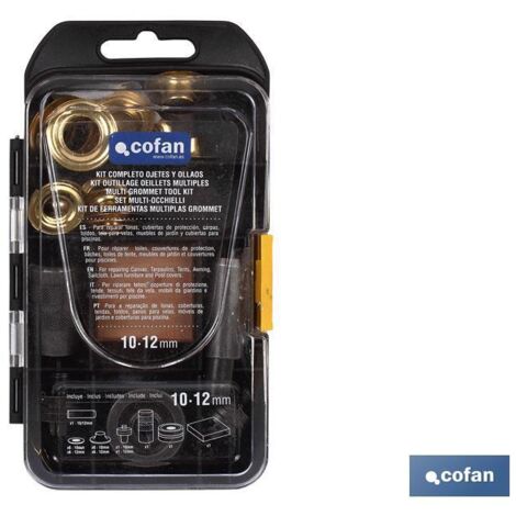COFAN kit completo ojetes y ollaos en 10 y 12 mm , Kit o juego completo de ojetes y ollaos para montajes en telas o lonas. Disponibles en diámetros de 10 y 12 mm de molde. Material