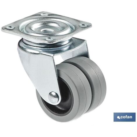 COFAN rueda doble polipropileno placa ø50mm , Rueda doble de diámetro Ø 50 mm con placa giratoria, resistente y diseñada para muebles pequeños, equipamientos comerciales, expositor