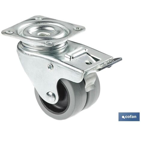 COFAN rueda doble polipropileno placa/freno ø50mm , Rueda doble de diámetro Ø 50 mm con placa y freno, resistente y diseñada para muebles pequeños, equipamientos comerciales, expos
