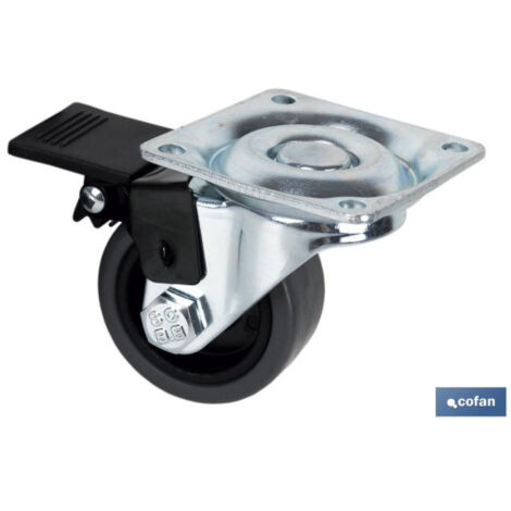 Rueda de goma gris con placa giratoria y freno de 40 mm en Pack de 4 unidades COFAN                 Ø50mm x 18mm Placa 42 x 42mm Taladro 4.5mm Alto 64mm 36kg