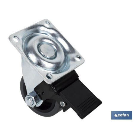 Rueda de goma gris con placa giratoria y freno de 40 mm en Pack de 4 unidades COFAN                 Ø50mm x 18mm Placa 42 x 42mm Taladro 4.5mm Alto 64mm 36kg