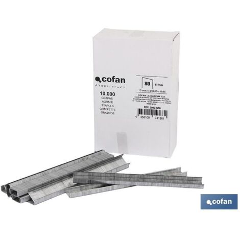 COFAN caja de grapas 80 / 10 mm (10.000 pcs) , Grapas Modelo 80 para grapadoras con longitudes desde 6 hasta 16 mm. Grapas para grapadora de aire a presión con medidas de 0,65 x 0,