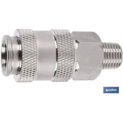 COFAN enchufe rapido universal macho 1/4 , Enchufe rápido universal con rosca macho de 1/4, 3/8 y 1/2. Compatible con todos los sistemas de aire comprimido. Roscas invertidas, por