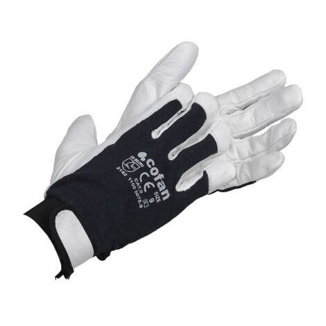 COFAN guante vacuno dorso tela + velcro t-8 caja 12 unid. , Guantes de piel vacuno con dorso de tela y palma de piel fabricados en piel de flor de vacuno natural mixto. Cuentan c