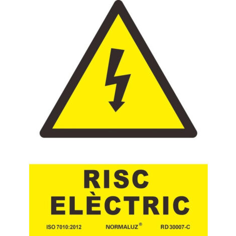 Señal de riesgo eléctrico en Catalán "RISC ELÈCTRIC" texto y pictograma SEKURECO