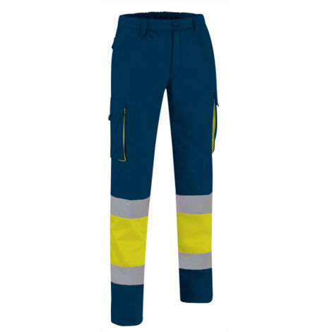 Pantalón de Alta Visibilidad multibolsillos bicolor con cintura elástica y cintas reflectantes EN 20471 de sarga VALENTO FACTORY XL Amarillo fluor / Azul marino