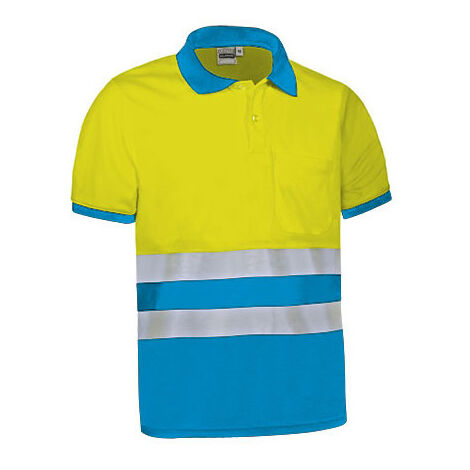 Polo de Alta Visibilidad bicolor con manga corta y bolsillo VALENTO DELAWARE L Amarillo flúor / Azul tropical (1/3)