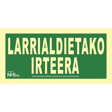 Señal de evacuación Larrialdietako Irteera luminiscente Gran Formato Euskera SEKURECO                         320 x 160 mm                          CLASE A (PVC 1 mm) (1/2)
