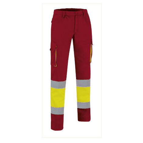 Pantalón de Alta Visibilidad multibolsillos bicolor con cintura elástica y cintas reflectantes EN 20471 de sarga VALENTO FACTORY S Amarillo fluor / Rojo loto
