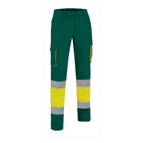 Pantalón de Alta Visibilidad multibolsillos bicolor con cintura elástica y cintas reflectantes EN 20471 de sarga VALENTO FACTORY S Amarillo fluor / Verde botella