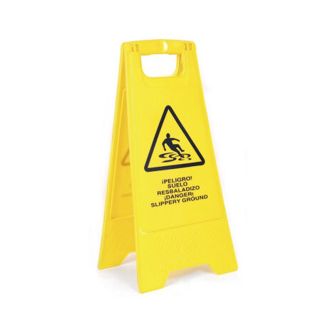 Caballete con texto ¡peligro suelo resbaladizo ¡danger slippery ground para industrias (1/2)