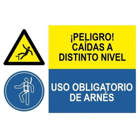Señal combinada Peligro caídas, Uso obligatorio de arnés SEKURECO                 Adhesivo vinilo