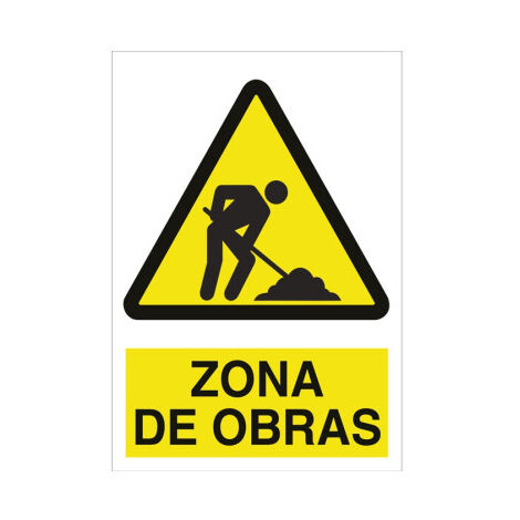 Señal de advertencia y peligro Zona de obras (texto y pictograma)                                                   Poliestireno       420X297 mm