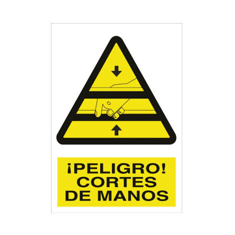Señal de advertencia de pictograma y texto ¡Peligro cortes de manos Adhesivo 148x105 mm (1/2)