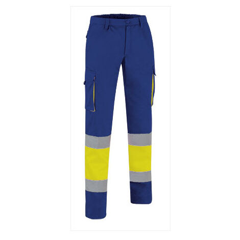 Pantalón de Alta Visibilidad multibolsillos bicolor con cintura elástica y cintas reflectantes EN 20471 de sarga VALENTO FACTORY L Amarillo flúor / Azulina